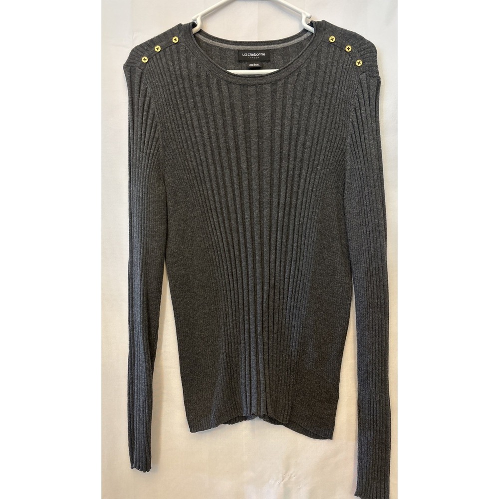 Women's Liz Claiborne Career Gray Ribbed Knit Pullover Long Sleeve Sweater L